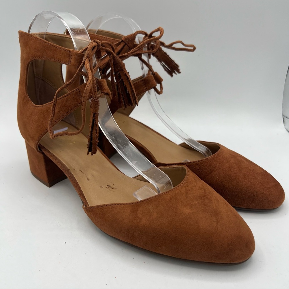 Franco Sarto Shoes Women’s Sz 9.5 Brown Suede Tassel Lace Up Friction Block Heel